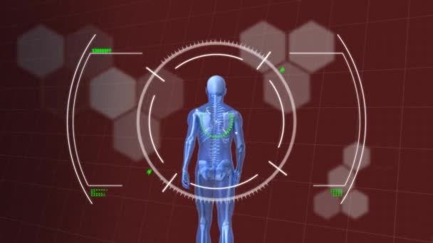 Scope Scanning Menselijk Lichaam Model Lopen Tegen Chemische Structuren Rode — Stockvideo