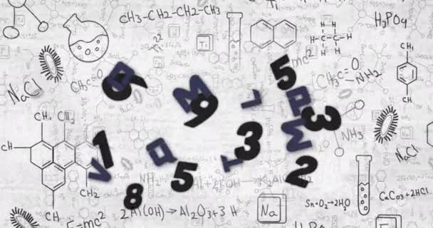 数字动画的多个数字和字母浮动在化学结构的白色背景 学校和教育概念 — 图库视频影像