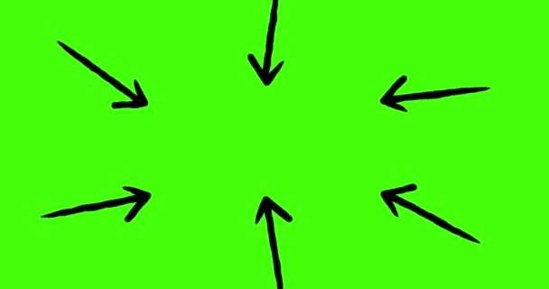 Animation Six Black Arrows Pointing Inwards Green Background Movement Direction — Stock Video