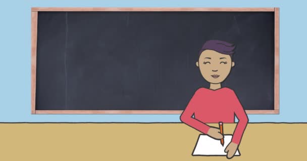 机に座って黒板で文字を書く小学生のイラストのアニメーション 教育学習の知識概念デジタル的に生成された画像 — ストック動画