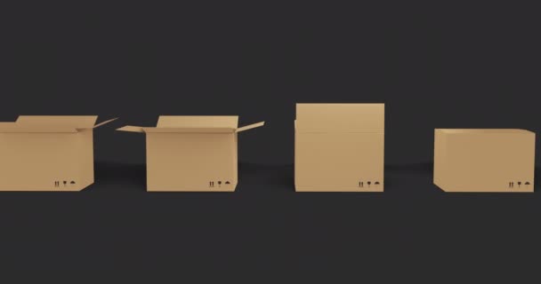 一排排没有缝隙的褐色纸盒 盖子开在黑色底座上 用于大宗装运或运输的包装箱 — 图库视频影像
