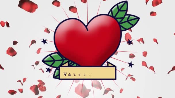 발렌틴 텍스트 애니메이션검은 글자로 깃발에 심장과 꽃잎이 배경에 발렌틴 디지털 — 비디오