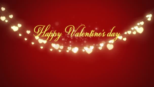 幸せなバレンタインデーのアニメーション輝くスポットと赤い背景に妖精の光の輝く文字列と金の文字で書かれています バレンタインデーのお祝いのコンセプトデジタル生成画像 — ストック動画