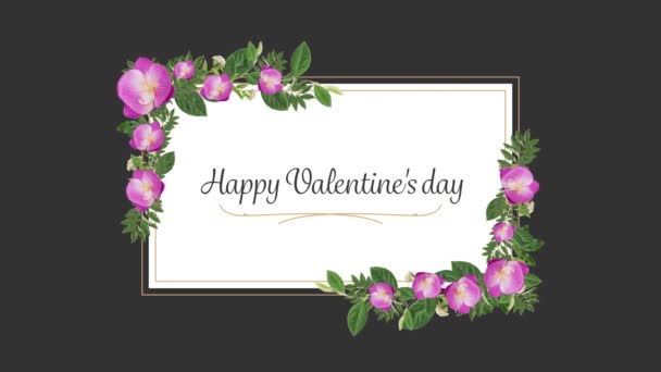 情人节快乐的动画文字写在卡片上 上面有灰色背景的花朵 情人节庆祝理念数字化生成的图像 — 图库视频影像