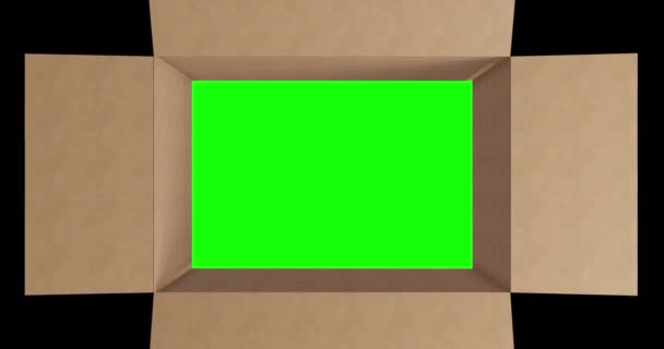 黒の背景に蓋を開けて茶色の段ボール箱の緑の画面のオーバーヘッド 輸送用の梱包箱 — ストック動画