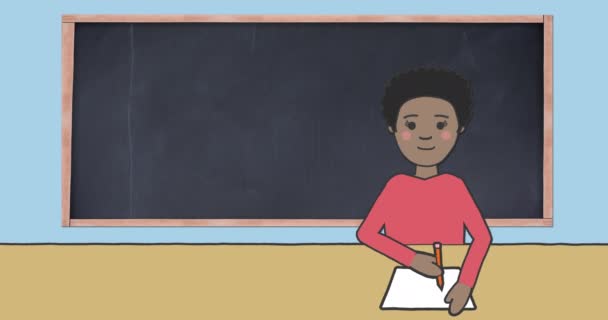Анимация Иллюстрации Школьницы Сидящей Столом Пишущей Доской Заднем Плане Концепция — стоковое видео