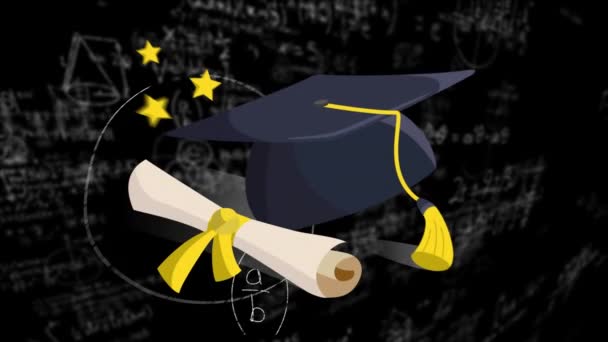 Maturitní Čepice Stupňové Ikony Plovoucí Proti Matematickým Rovnicím Černém Pozadí — Stock video