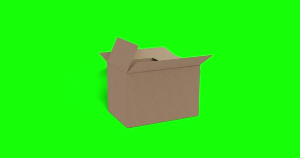 茶色の段ボール箱はすぐにショットに移動し 緑の画面の背景に開きます 迅速な配達で到着する梱包箱 — ストック動画