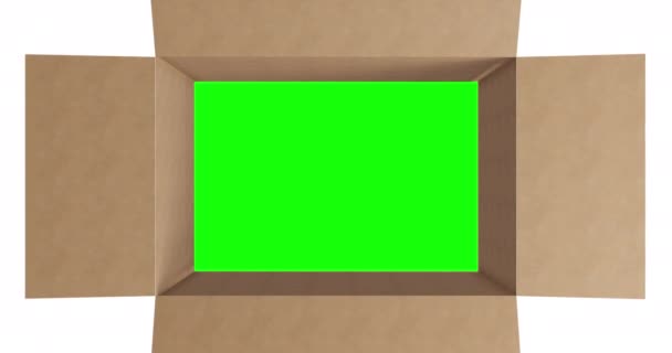 Über Dem Grünen Bildschirm Braunem Karton Mit Deckelöffnung Auf Weißem — Stockvideo
