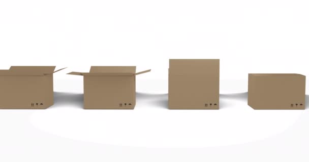 白い背景に蓋が開いた茶色の段ボール箱のシームレスな行 梱包箱は大量輸送や輸送のために — ストック動画