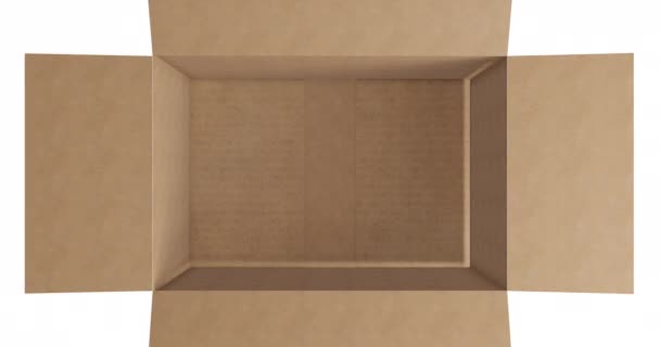 白い背景に蓋を開けて空の茶色の段ボール箱のオーバーヘッド 輸送用の梱包箱 — ストック動画
