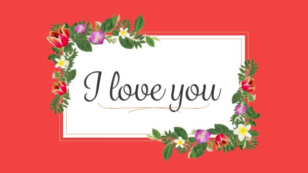 Loveのアニメーション赤い背景の花が付いた長方形のカードに書かれたテキストです バレンタインデーのお祝いのコンセプトデジタル生成画像 — ストック動画