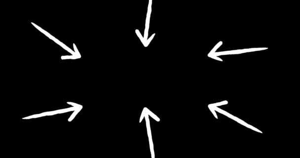 Animación Seis Flechas Blancas Apuntando Hacia Adentro Sobre Fondo Negro — Vídeos de Stock