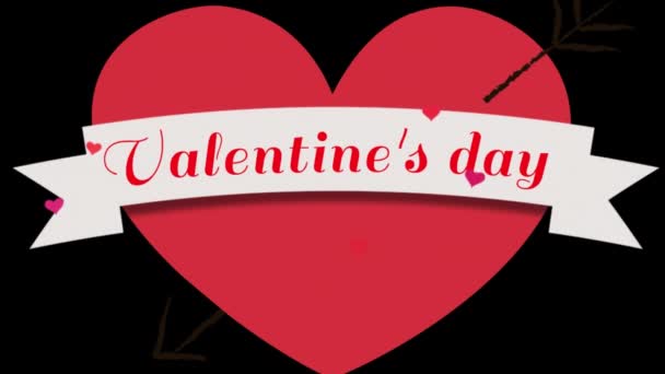 バレンタインデーのアニメーション黒い背景にハートと矢印のバナーに赤い文字で書かれたテキスト バレンタインデーのお祝いのコンセプトデジタル生成画像 — ストック動画
