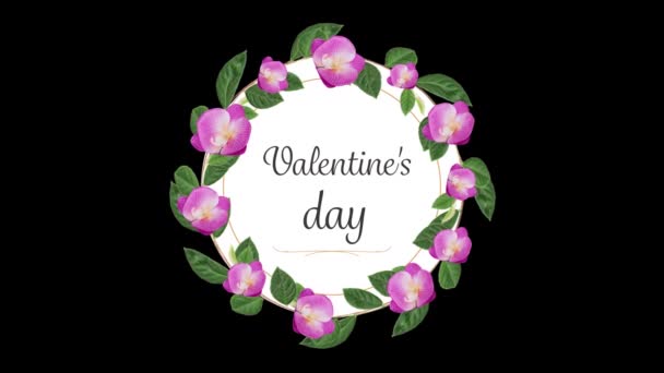 Sevgililer Günü Animasyonu Yuvarlak Kartla Yazılmış Siyah Arka Planda Çiçekler — Stok video