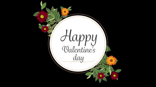 Animacja Happy Valentines Day Tekst Napisany Okrągłej Kartce Kwiatami Czarnym — Wideo stockowe