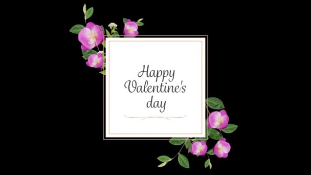 Animation Happy Valentines Day Κείμενο Γραμμένο Τετράγωνη Κάρτα Λουλούδια Μαύρο — Αρχείο Βίντεο