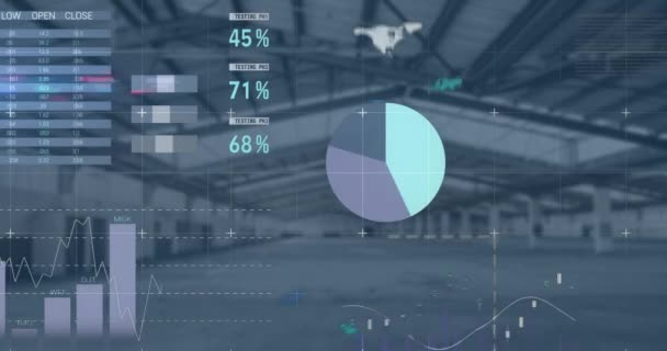 Animación Del Procesamiento Datos Mapa Del Mundo Sobre Almacén Vacío — Vídeo de stock