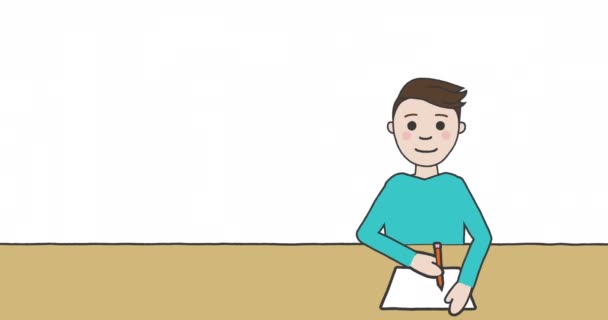 Animation Illustration Schoolboy Sitting Desk Writing White Background Education Learning — Stock Video