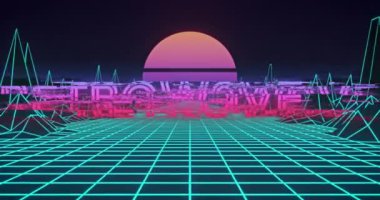 Pembe güneş ve parlayan yeşil ızgara üzerinde titreşen neon retrodalga metnin animasyonu. Retro video oyun rengi ve hareket kavramı