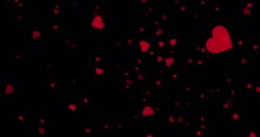 Siyah arka planda dolaşan kırmızı kalpler. Aşk, tutku, romantizm, sevgi, sevgililer günü ve sevgililer günü konsepti, dijital olarak oluşturulmuş video.