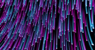 Mavi ve mor iplikler siyah arkaplanda pürüzsüz bir şekilde aşağı doğru hareket ediyor. enerji, renk ve hareket konsepti, dijital olarak oluşturulmuş video.