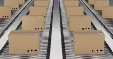 Taşıyıcı bantlarda hareket eden karton kutular. Kitle sevkiyatı konsepti, dijital olarak oluşturulmuş görüntü.