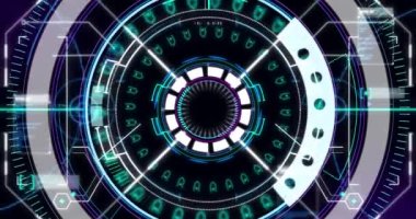 Kapsamlı tarama ve kara arkaplanda veri işleme animasyonu. dijital arayüz küresel bağlantı ve dijital olarak oluşturulan iletişim konsepti.