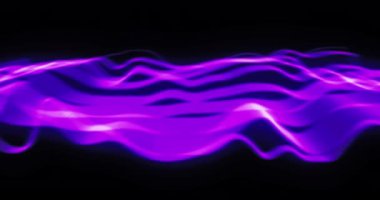 Parlak mor bantlar açılmaz ve siyah bir arkaplanda pürüzsüz bir şekilde kayar. enerji, renk ve hareket konsepti, dijital olarak oluşturulmuş video.