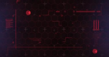 Siyah zemin üzerinde veri işleme ile kırmızı altıgenler ve ışık yolları ağının animasyonu. dijital arayüz küresel bağlantı ve dijital olarak oluşturulan iletişim konsepti.