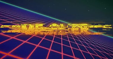 Parlak pembe şebeke üzerinde titreşen neon oyununun animasyonu. Retro video oyunu ve eğlence konsepti dijital olarak oluşturulmuş görüntü.
