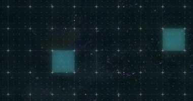 Mavi karelerin animasyonu ve şebeke arka planında işaretleyicilerle tarama. dijital arayüz küresel bağlantı ve dijital olarak oluşturulan iletişim konsepti.