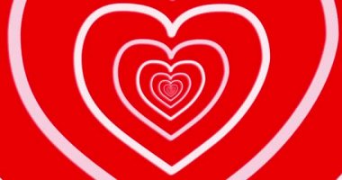 Kırmızı arka planda eşmerkezli beyaz kalp hatları tünelinde ilerliyoruz. Aşk, tutku, romantizm, sevgi, sevgililer günü ve sevgililer günü konsepti, dijital olarak oluşturulmuş video.