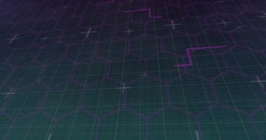 Siyah zemin üzerinde mor altıgen ve ışık yollarının animasyonu. dijital arayüz küresel bağlantı ve dijital olarak oluşturulan iletişim konsepti.