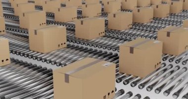 Taşıyıcı bantlarda hareket eden karton kutular. Kitle sevkiyatı konsepti, dijital olarak oluşturulmuş görüntü.