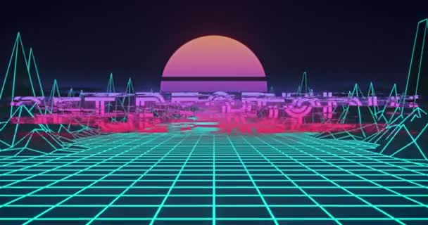 Animation Neon Flickering Game Text Glowing Pink Sun Blue Grid — Stock Video