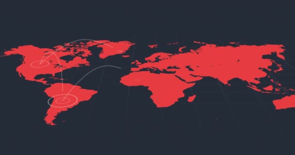 Mapa Mundial Rojo Con Círculos Concéntricos Blancos Radiantes Sobre Territorios — Vídeo de stock