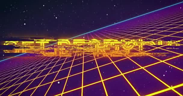 Animatie Van Neon Flikkerend Spel Tekst Gloeiend Geel Raster Retro — Stockvideo