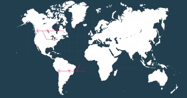 Mapa Bílého Světa Rostoucí Červenou Sítí Propojených Ikon Tmavě Šedém — Stock video