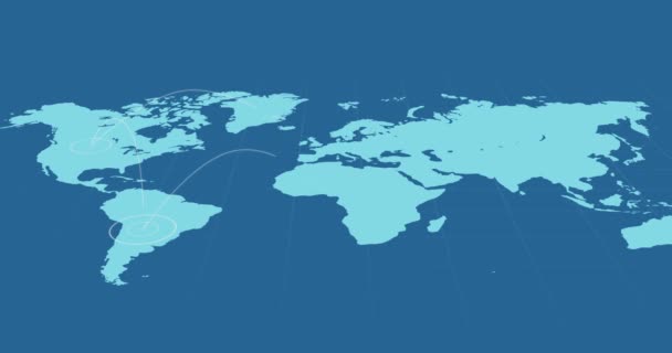 Blauwe Wereldkaart Met Stralende Witte Concentrische Cirkels Gebieden Blauwe Achtergrond — Stockvideo