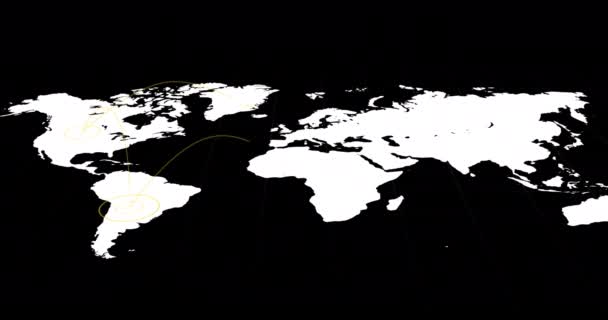 Witte Wereldkaart Met Stralende Gele Concentrische Cirkels Gebieden Zwarte Achtergrond — Stockvideo
