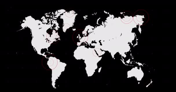 Witte Wereldkaart Met Stralende Rode Concentrische Cirkels Gebieden Blauwe Achtergrond — Stockvideo