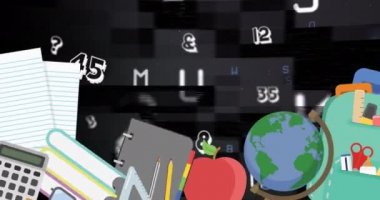 Okul konsept simgelerinin dijital animasyonu siyah arkaplanda birden fazla değişen sayı ve alfabeye karşı hareket ediyor. okul ve eğitim kavramı