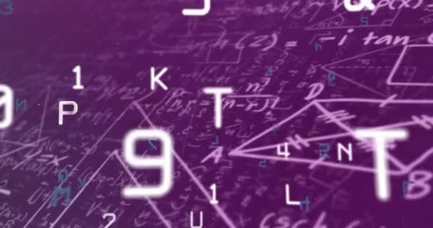 Mor Arkaplandaki Matematiksel Denklemlere Karşı Çoklu Değişen Sayılar Alfabelerin Dijital — Stok video