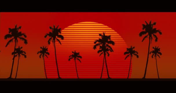 Animering Palmer Som Rör Sig Över Glödande Orange Sol Rött — Stockvideo