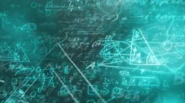 Siyah arkaplana karşı ışık ve matematiksel denklemlerin dijital animasyonları. okul ve eğitim kavramı