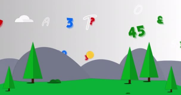 Цифрова Анімація Декількох Змінних Чисел Алфавітів Проти Шкільної Піктограми Ландшафту — стокове відео