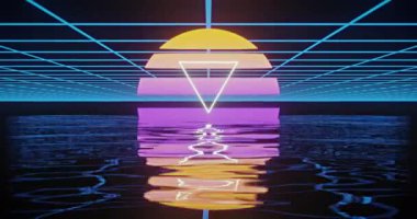 Beyaz üçgenin parlak sarı üzerindeki animasyonu mavi şebekenin üzerindeki mor daireye yansıyor. retro renk ve hareket konsepti dijital olarak oluşturulmuş video.