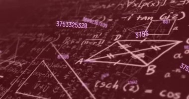 Siyah zemin üzerinde matematiksel denklemlere karşı yüzen çoklu değişen sayıların dijital animasyonu. okul ve eğitim kavramı