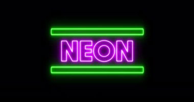 Parlak mor neon metin animasyonu. Yeşil çubuklar pürüzsüz döngü üzerinde yanıp sönüyor. renk ve hareket kavramı dijital olarak oluşturulmuş video.